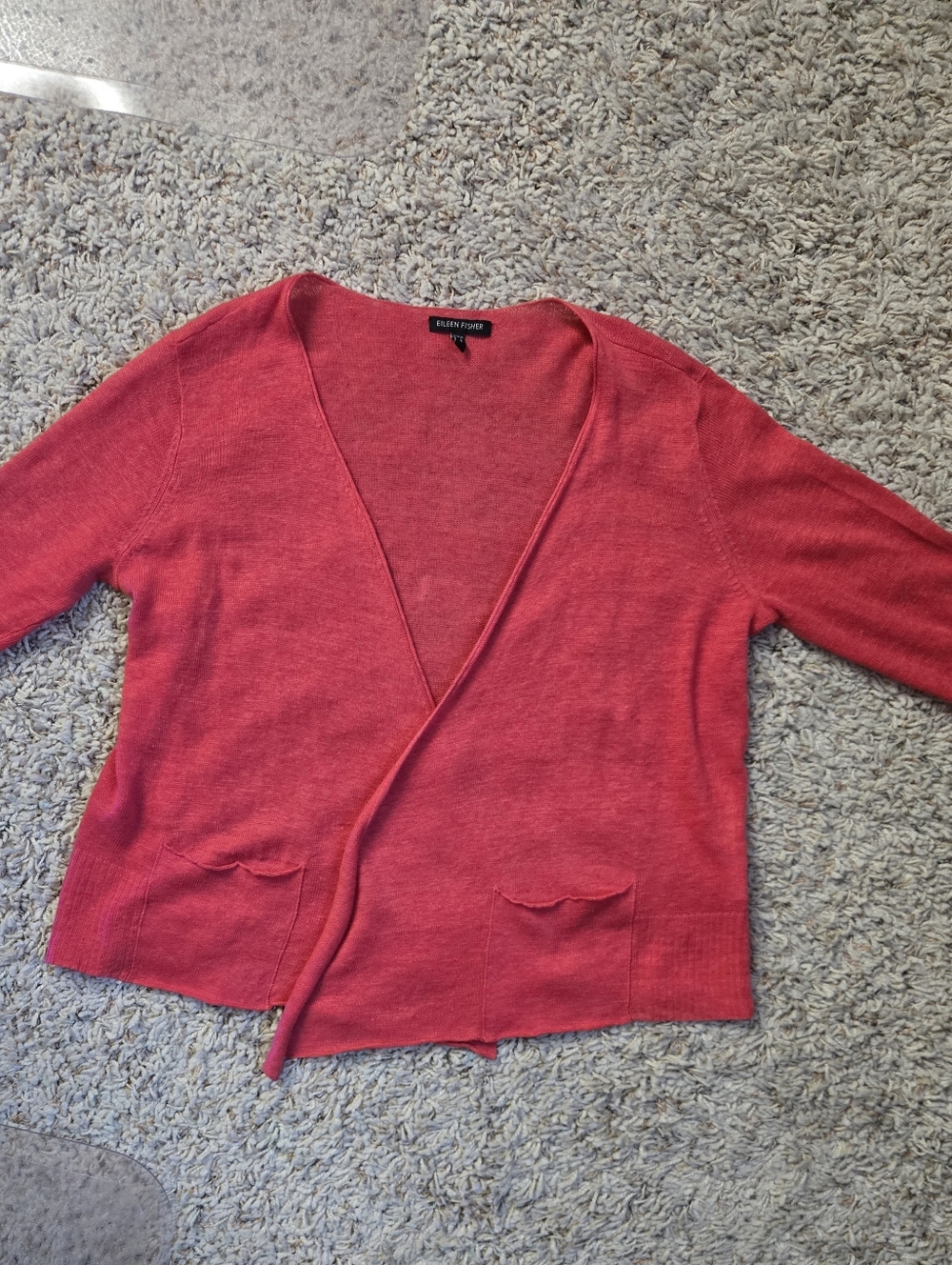 Eileen Fisher Coral-Red Linen Open V-Neck Cardigan Pockets Small